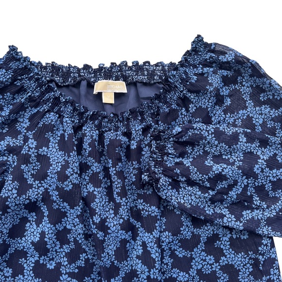 MICHAEL Michael Kors Tops - Michael Kors Womens M Blueberry Blue Off the Shoulder Gold Metallic Print Blouse